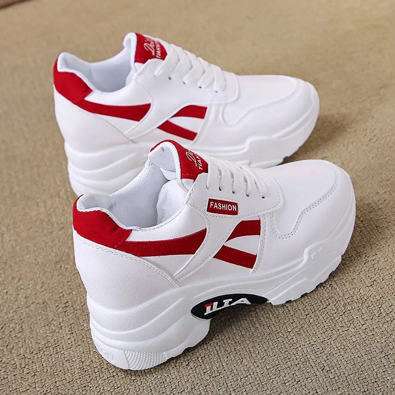 Women's Spring Leather Casual Sneakers with Internal Height Increase, 2025 New Versatile Platform Thick-Soled Dad Shoes