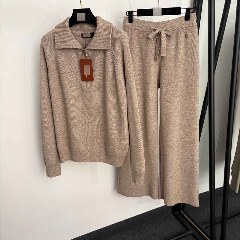 Nanyou New Style Knitted Set Half-Zip Casual Style Women's Stand Collar Long Sleeve Pullover Knitted Sweater Top + Long Pants