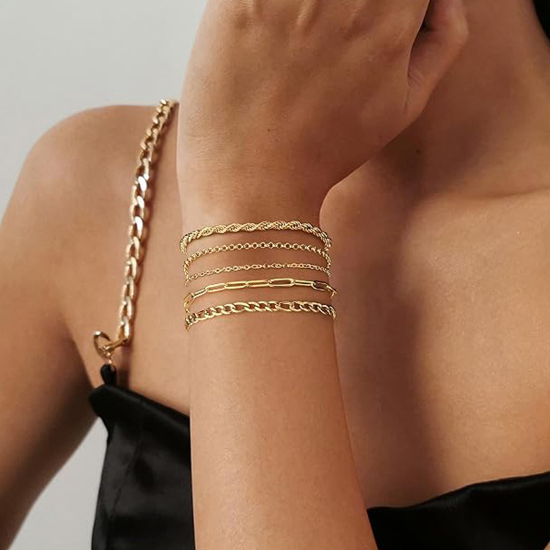 Amazon Cross-Border Fashion Adjustable Cuban Beaded Gold Chain Stacking Set Trendy Chain Jewelry Bracelet Set Amazon Cross-Border Fashion Adjustable Cuban Beaded Gold Chain Stacking Set Trendy Chain Jewelry Bracelet Set