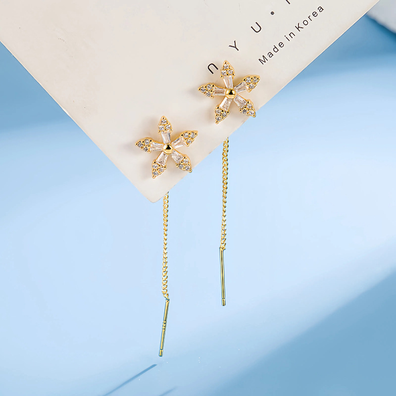 S925 plata esterlina chapado 14K oro cristal flores largas líneas de orejas bordadas nicho femenino diseño de lujo ligero de alto nivel auriculares versátiles