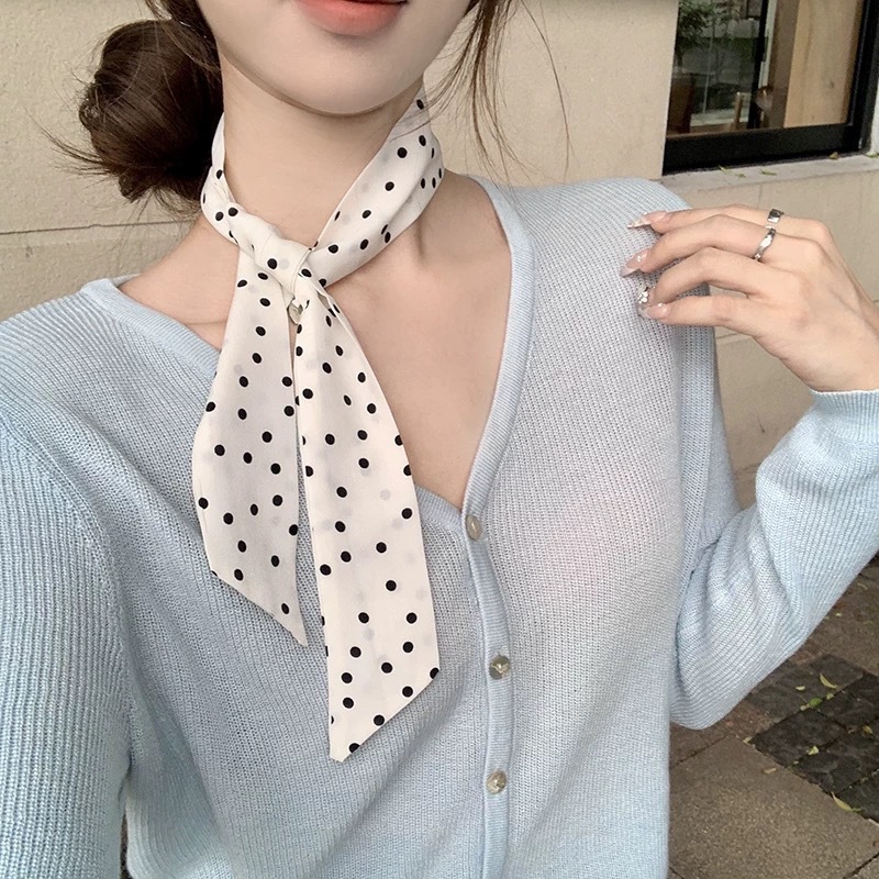 8 # Beige polka dot thin silk scarf neck tie about 145cm long