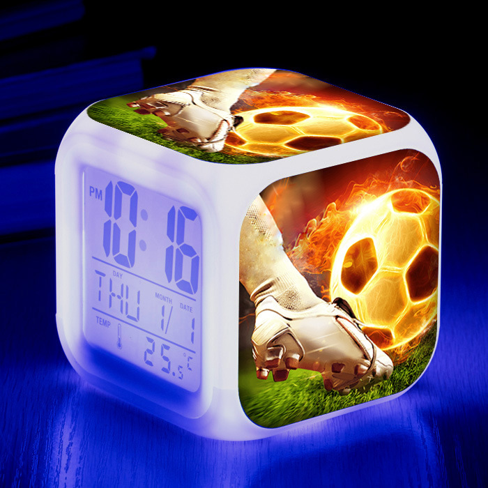 New strange creative football pattern small alarm clock LED colorful color change square clock students children silent alarm