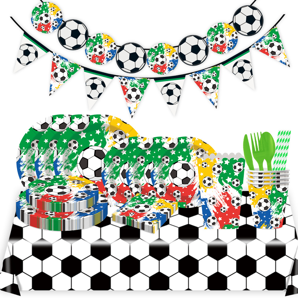 New World Cup Football Party Tableware Set Birthday Disposable Flag Paper Plate Paper Cup Tissue Tablecloth Wholesale