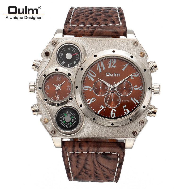 Oulm Quartz Watch Dual Time Zone Men's Watch Cross-Border Hot Selling Quartz Watch Belt Personalized Large Dial Men's Military Watch