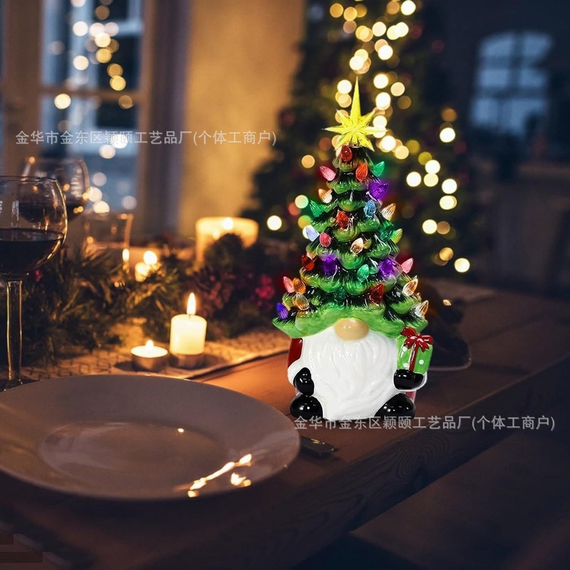 跨境发光圣诞侏儒老人树脂摆件创意圣诞树彩灯侏儒桌面装饰工艺品|undefined