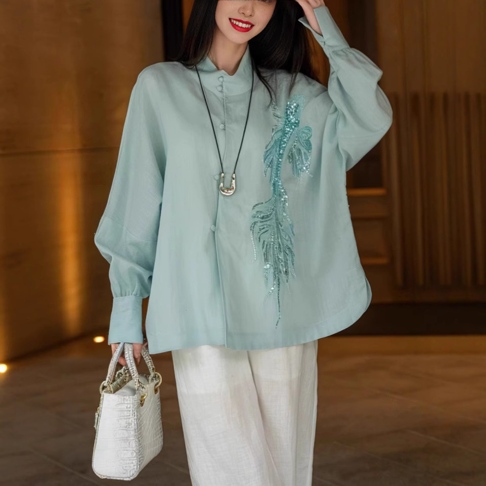 南油批发2025春季高级天丝亚麻小金鱼刺绣时尚气质百搭女装衬衫潮
