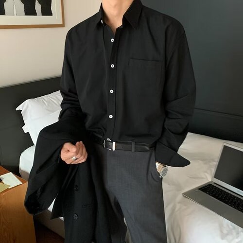 Spring/Summer New Arrival Men's Lapel Pocket-Style Loose & Cool Long-Sleeved Shirt Lightweight, Mature-Style Shirt with Drapey Fit for Young Men—Thin Outerwear