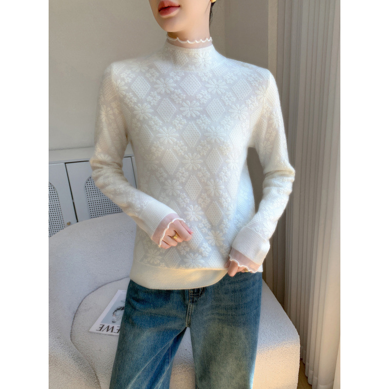 2025 New Autumn and Winter Cashmere Lace Half Turtleneck Knitwear Women's Jacquard Slim Slim Wool Knitwear