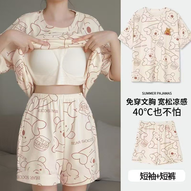 Pijama de mujer 2025 nuevo tamaño grande de verano con cojín de pecho de manga corta pantalones cortos impresos ropa casera delgada