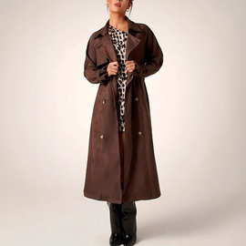 欧美外贸秋冬外套亚马逊复古棕色风衣女宽松休闲气质长款保暖大衣