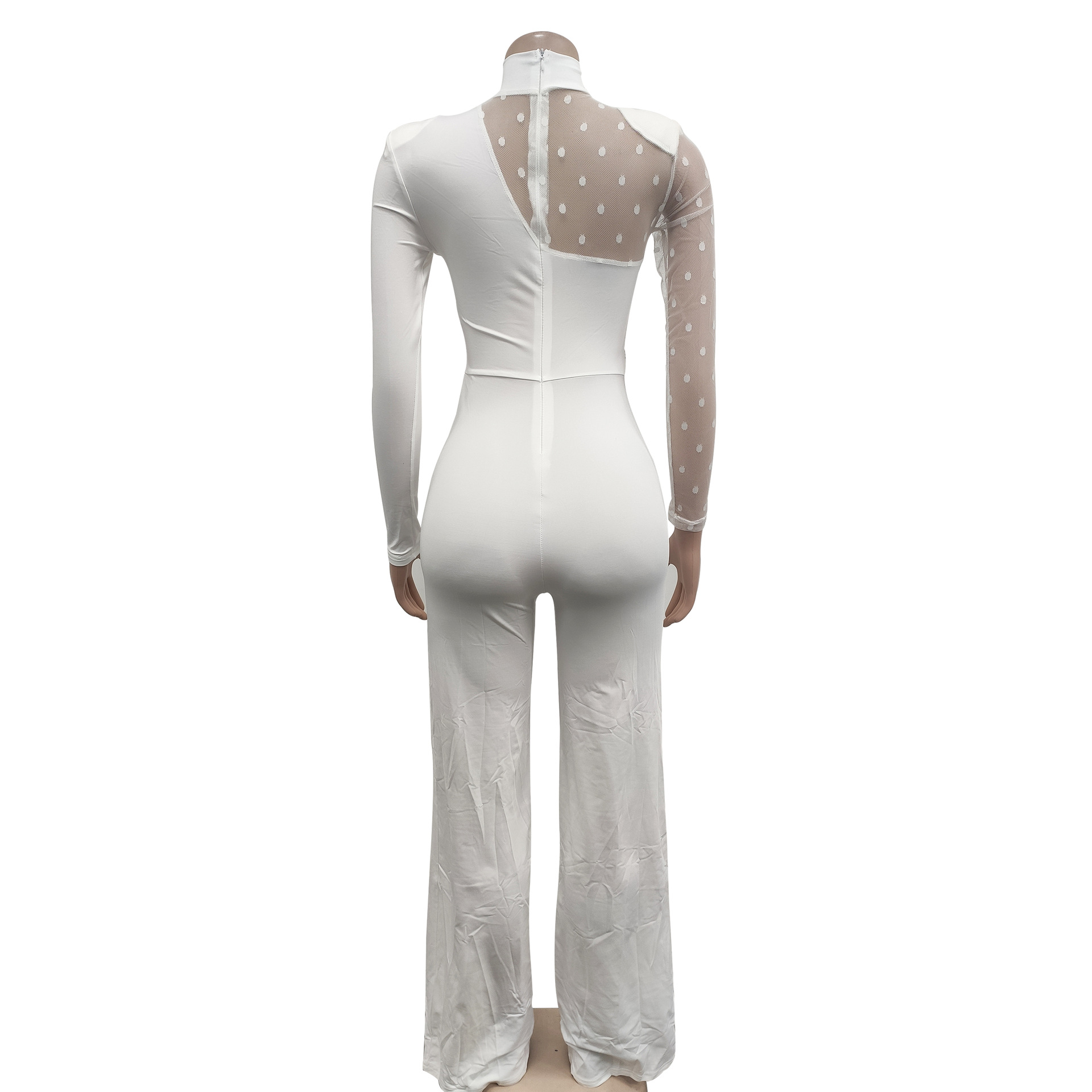 Women's Clothing fashion women's polka dot mesh see-through long-sleeved trousers solid color jumpsuit_voghion.com