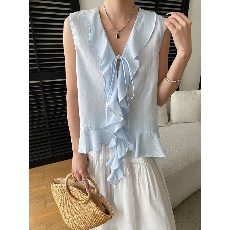 Sinnan Lightweight Oxygen-Feel Tencel Linen Design Ruffled Tie V-Neck Sleeveless Top Sn9042