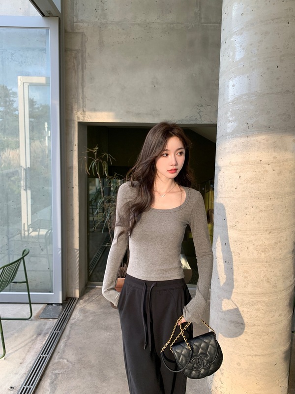alex stevens U领纯色打底衫弹力棉修身显瘦上衣女长袖保暖衣|undefined