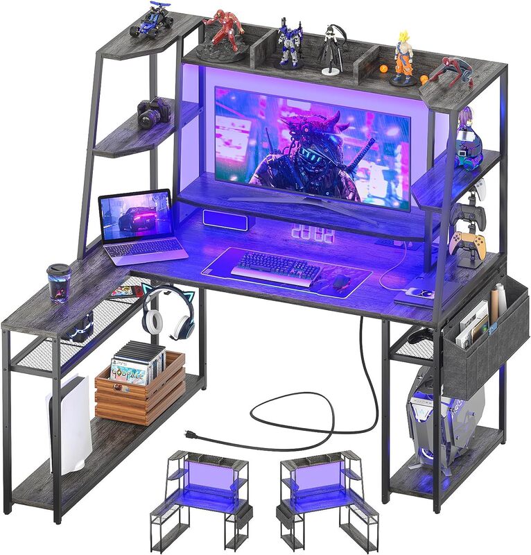 Furniture with Power Strip, Led Color-Changing Light Strip, Fabric Pocket Shelf, Gaming Desk, L-Shaped Desk, Writing Desk, Office Desk, Computer Desk Furniture with Power Strip, Led Color-Changing Light Strip, Fabric Pocket Shelf, Gaming Desk, L-Shaped Desk, Writing Desk, Office Desk, Computer Desk