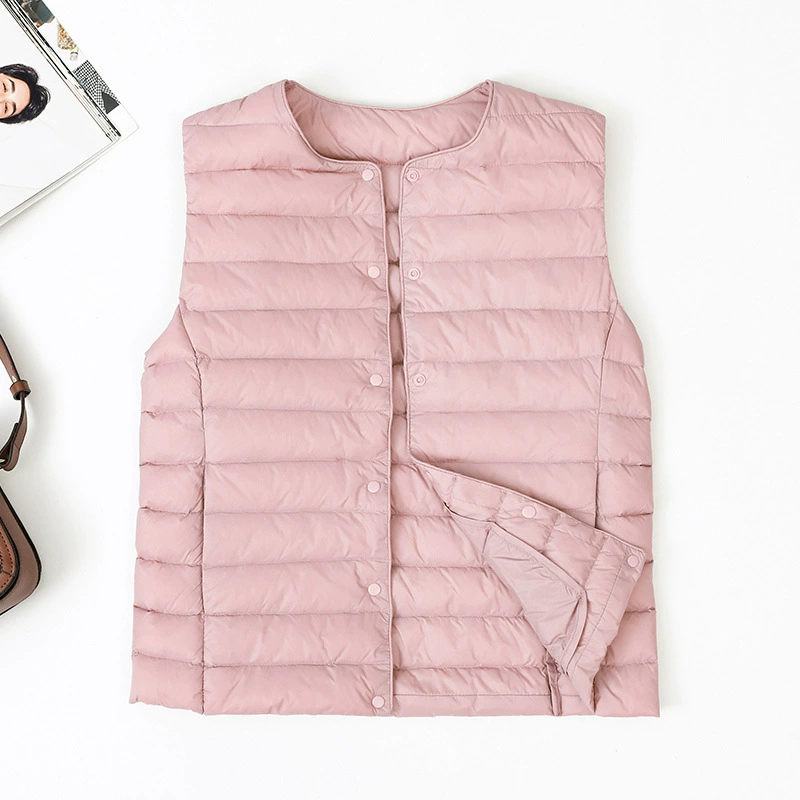 Тонкий зимний пуховик внутренний жилет женский короткий круглый вырез большой размер