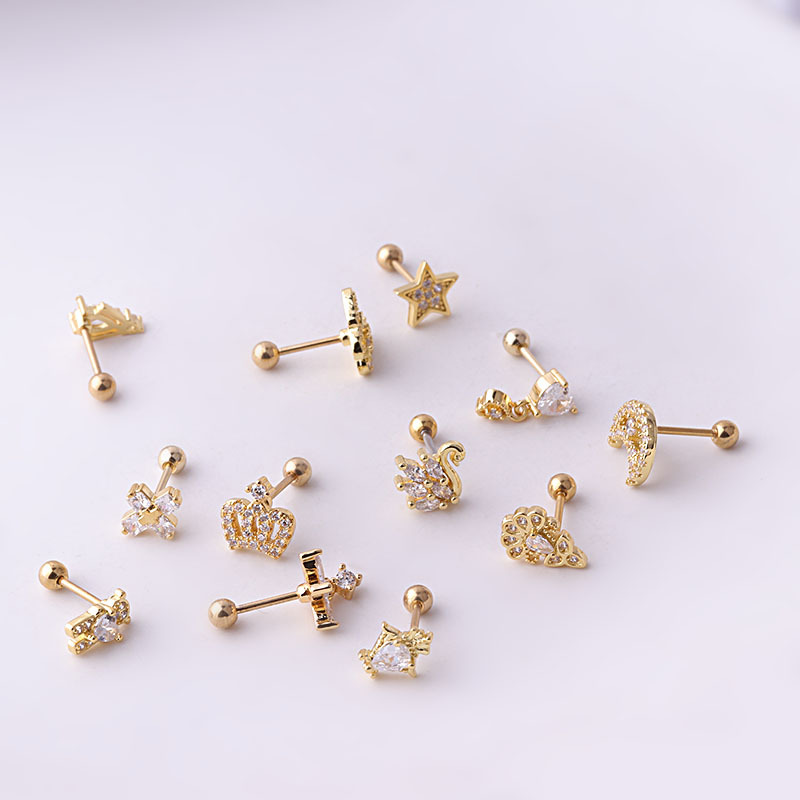 2PCS 20G Titanium Steel Thin Rod Zircon Earbone Borboleta Coroa Estrela Lua Parafuso Earnail Brincos Moda Único_voghion.com