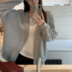 休闲解构*v领拉灰色卫衣外套秋季宽松慵懒风百搭衣