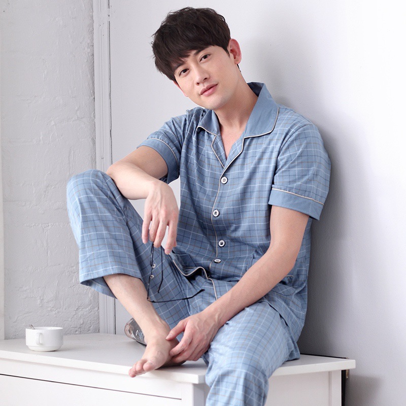 Pijamas de hombre verano 100% algodón de manga corta pijamas delgados cardigan de los hombres juventud Primavera y otoño traje de desgaste para el hogar