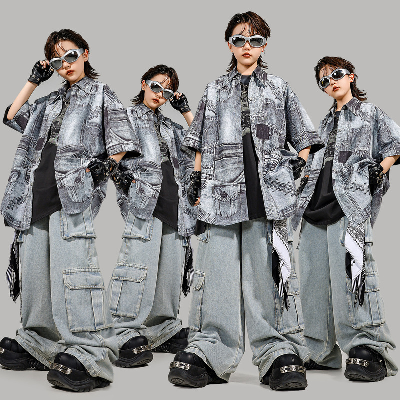 Hip-Hop Children's Clothing Trendy Street Dance Children's Fashion Cool Vintage Shirt Boys' Outfit Hip-Hop Girls' Performance Outfit