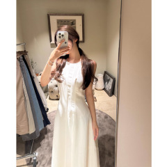 【私服ライン】ライセルリネン老銭風ワンピース女性夏白色ノースリーブスカート気質ロング丈ショートタイプ