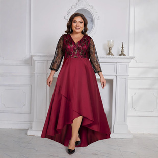 Amazon European and American plus size New V-neck Mesh Long Sleeve dress Women's Elegant and Noble Elegant Evening Dress for Banquet