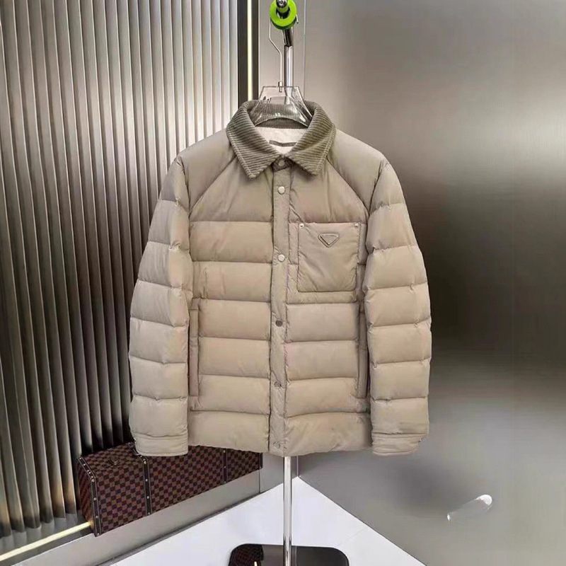 202 Winter New Men's down Jacket Corduroy Collar Triangle Logo Quilted Warm Fashionable Coat