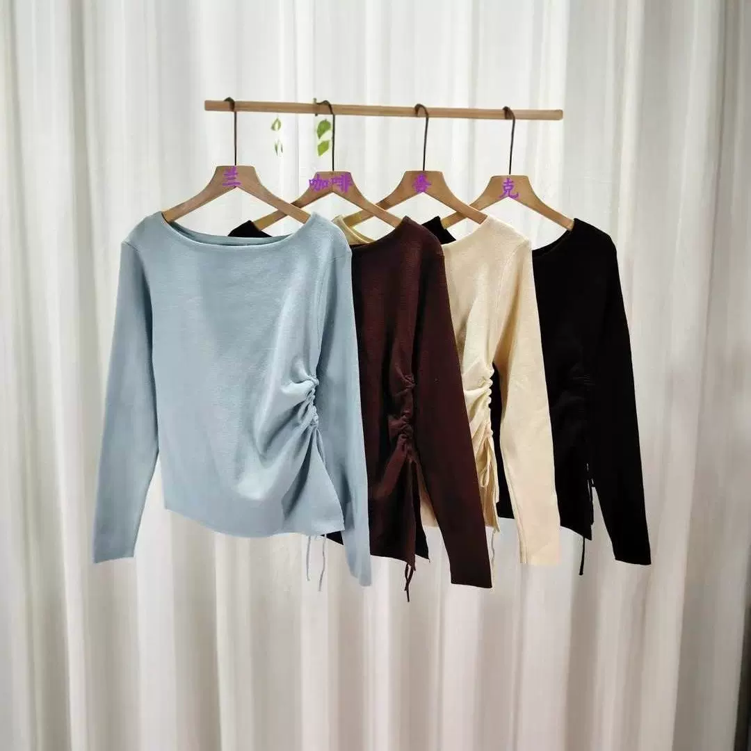 秋冬新款法式气质不规则下摆侧边抽绳设计长袖新款收腰针织衫上衣