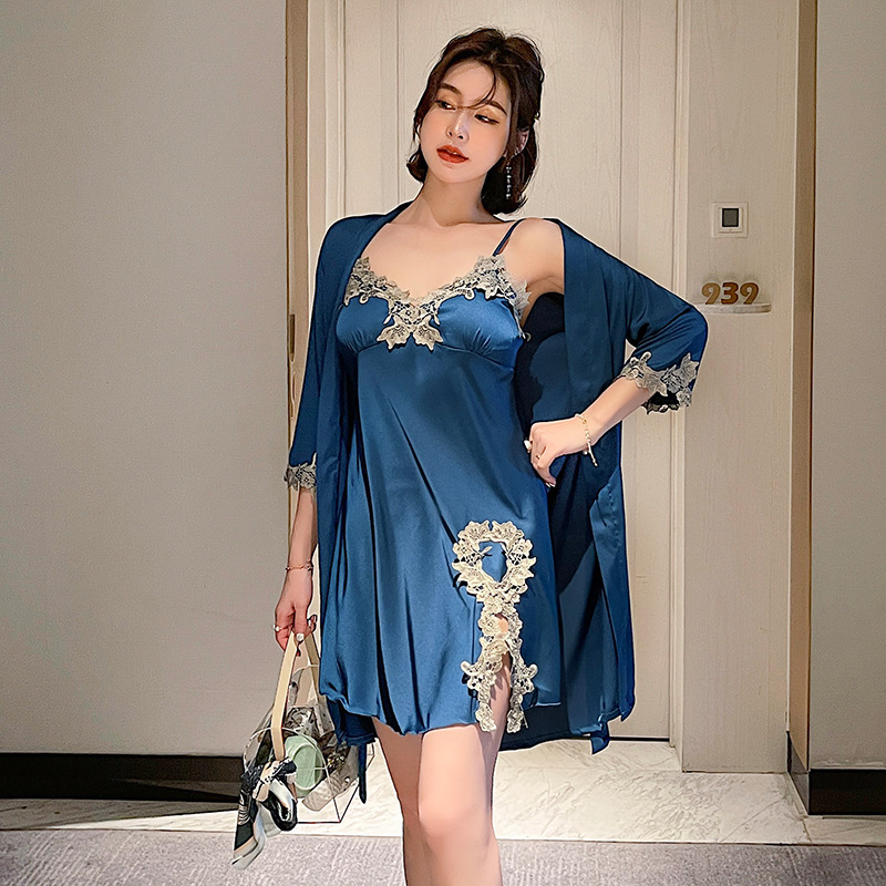 2022 new sexy pajamas women's spring and summer silk thin strap nightdress two-piece set Internet celebrity lace nightgown 2022 new sexy pajamas women's spring and summer silk thin strap nightdress two-piece set Internet celebrity lace nightgown