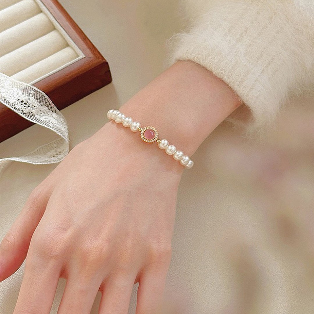 粉玉髓S925纯银天然淡水珍珠手链女小红书同款轻奢