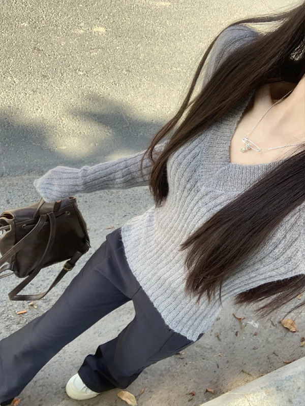 MosesQueen魔西女王灰色v领针织打底衫女春秋冬内搭毛衣长袖上衣|undefined