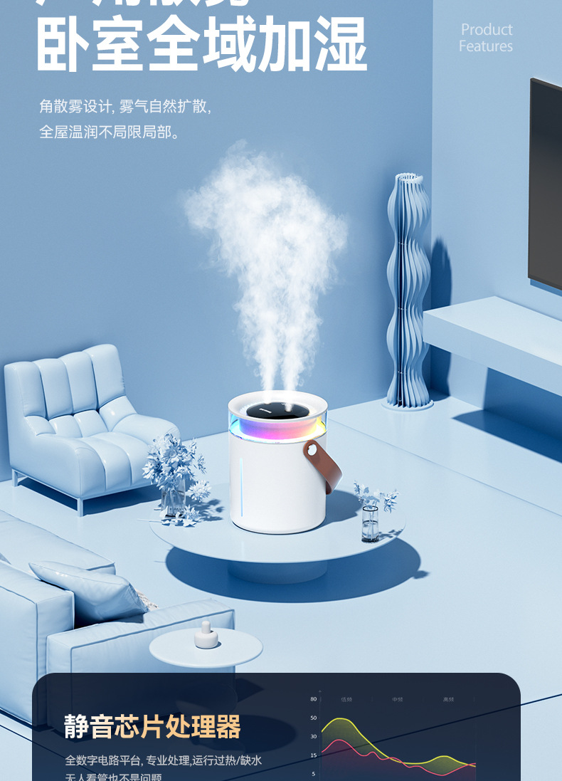 跨境新款数显双喷雾加湿器 七彩氛围灯桌面家用办公室小型加湿机