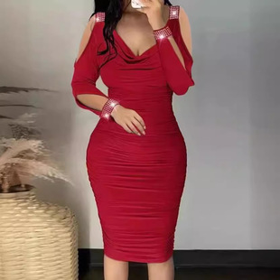 2023 Amazon Foreign Trade European and American Women's Hot Diamond V-Neck Pleated Tight Dress Hip Off-shoulder Dress