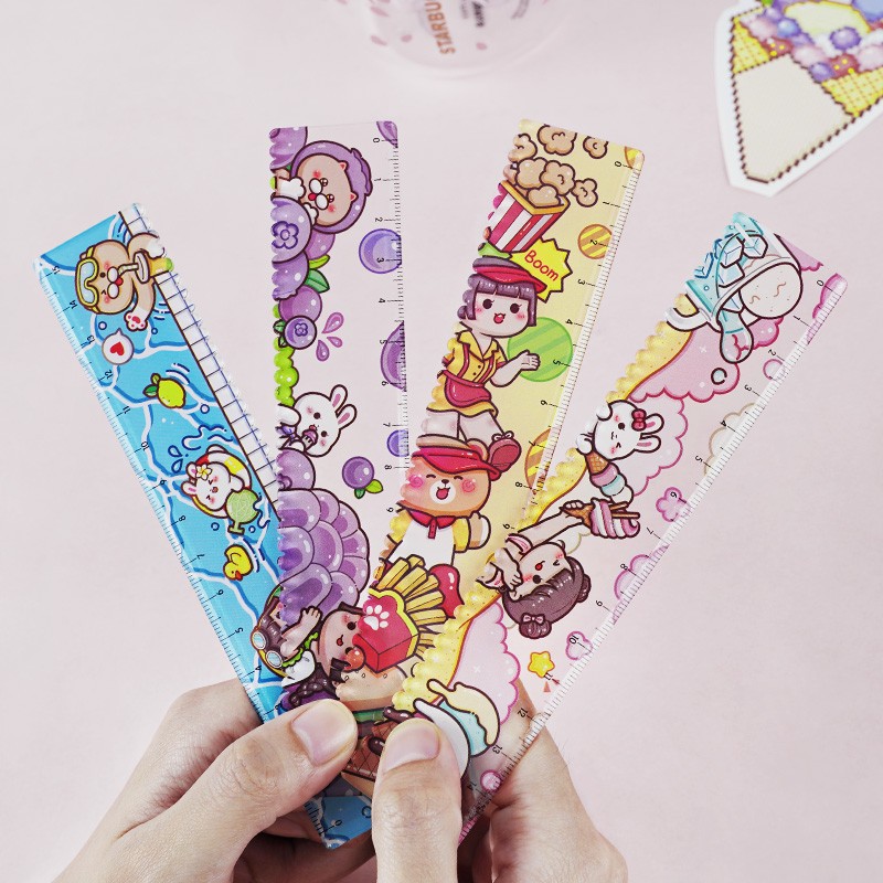 Little Mochi Cute Girl Cartoon Straight Line Wave Ruler Acrylic Ruler 15cm Handbook Measurement Ruler for Students