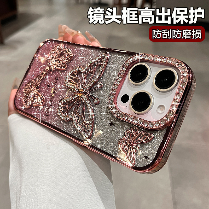 Electroplated Three-Dimensional Rhinestone Bow Suitable for Apple 16Promax Mobile Phone Case Transparent Iphone17 Anti-Fall 14 Soft