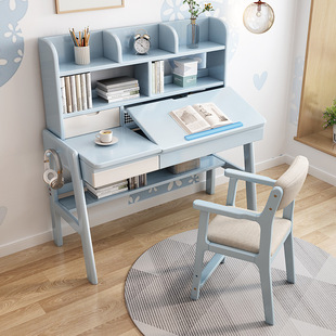 Children's Study Table and Chair Set Can Be Lifted and Lowered Solid Wood Desk Bookshelf Combination Home Student Writing Desk Girl