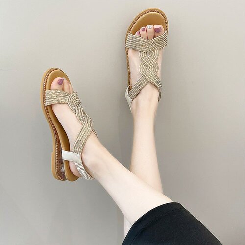 One-leg Roman sandals for women 2024 new flat sandals for women, fairy style, soft soles, comfortable wedge heels, rhinestone women's shoes