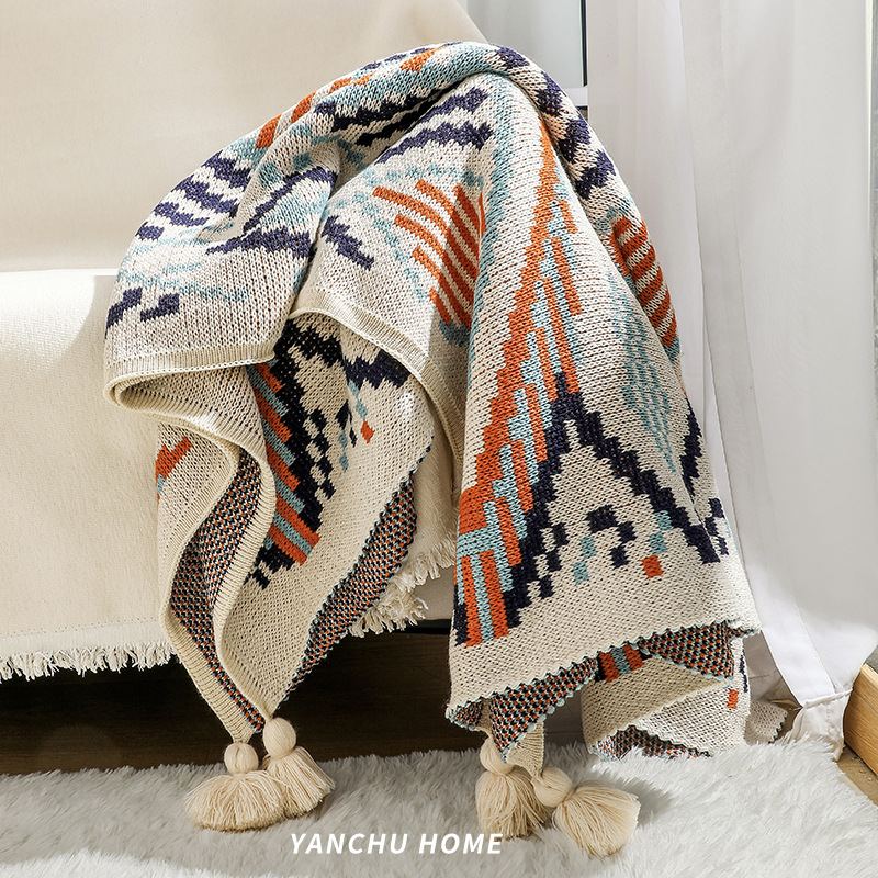 Bohemian style sofa throw blanket bay window blanket knitted blanket ethnic style wave air conditioning blanket tassel nap blanket