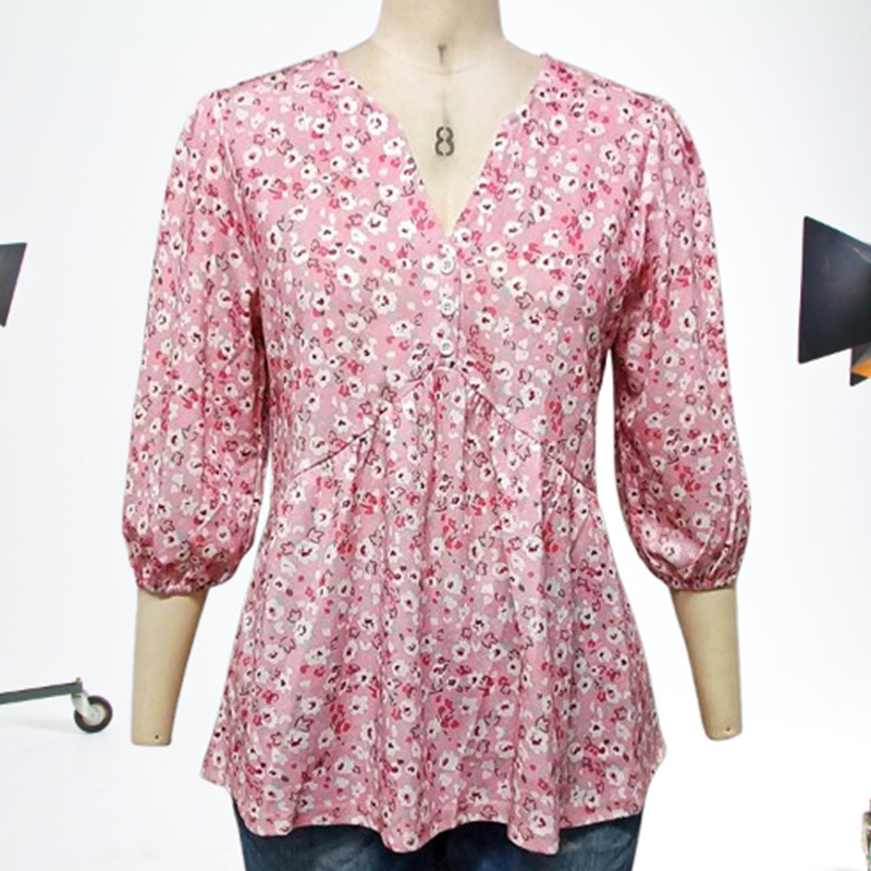 [Ready Stock] Cross-Border Women's Clothing Aliexpress Tiktok Hot Selling Casual Pink Floral V Neck 3/4 Mid-Sleeve Top