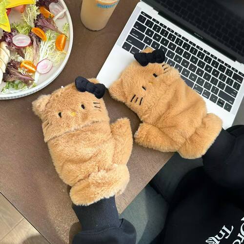 Cute Cat Half-Finger Foldable Fuzzy Mittens for Women, Autumn and Winter Warmth, Fleece Lined and Thickened, Student Cycling Cold-Proof Gloves