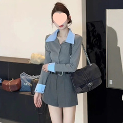 撞色Polo领衬衫假两件打底衫女2025春秋新款修身显瘦长袖上衣
