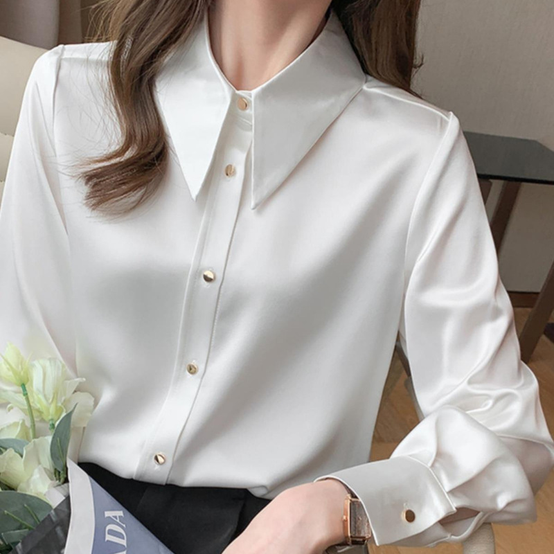 Acetate Satin White Shirt for Women, Spring and Autumn Wear, 25 New Design Styles, Professional Formal Wear, Interview Shirt, Long-Sleeved Top