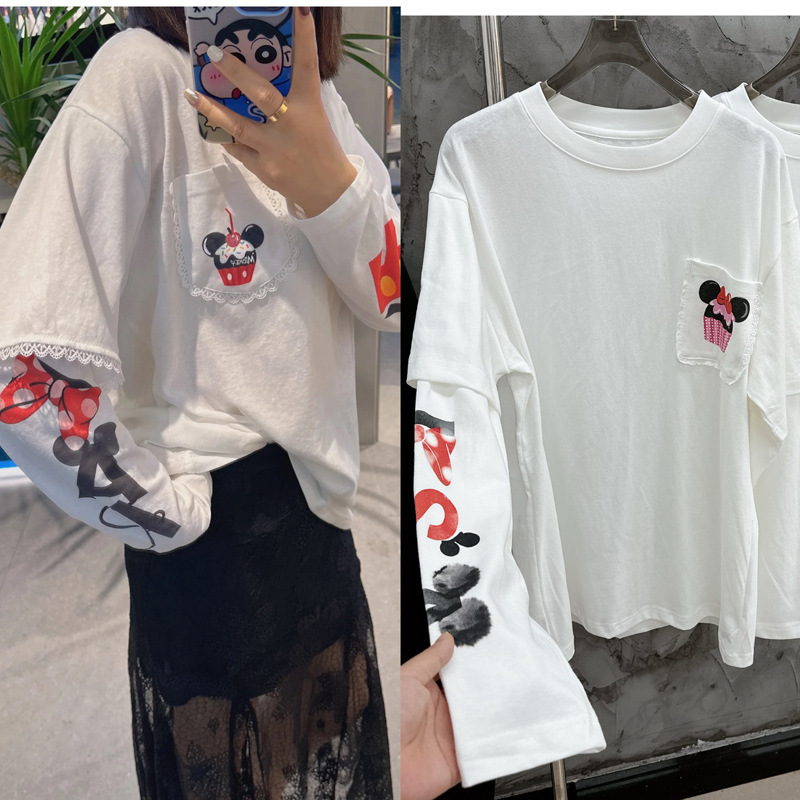 Designer Round Neck Cartoon Pattern Pocket Lace Patchwork Sleeve Faux Two-Piece T-Shirt for Women