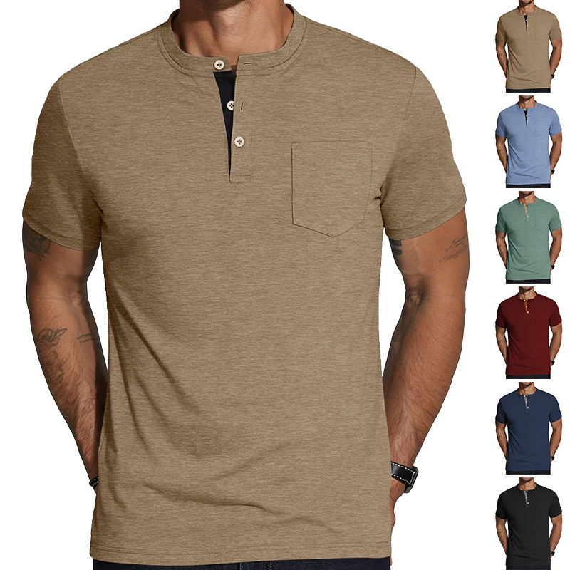 Estación independiente de verano hombre monocolor Henry polo camiseta superior americano casual comercio exterior camiseta de manga corta