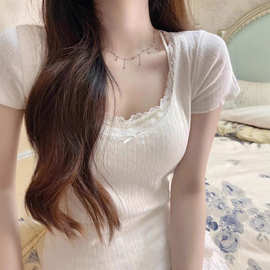 BM风 brandy同款纯欲蕾丝花边zellytop少女芭蕾风棉bm短袖T恤上衣