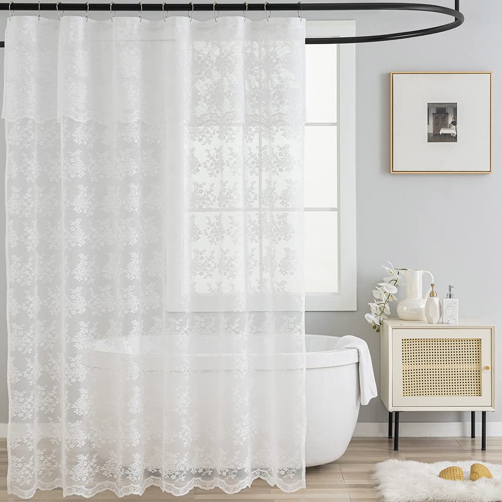 New cross-border pink lace shower curtain with decorative floral pattern design, warp-knitted embroidered shower curtain for foreign trade