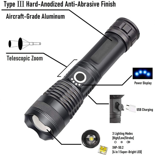 Factory wholesale cross-border P50 strong light flashlight aluminum alloy outdoor fishing light rechargeable zoom USB flashlight