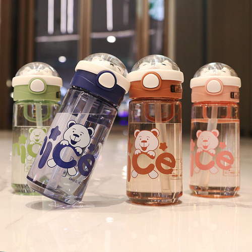 New children's straw cup, drop-resistant cartoon English bear, elementary school student, kindergarten baby plastic water cup