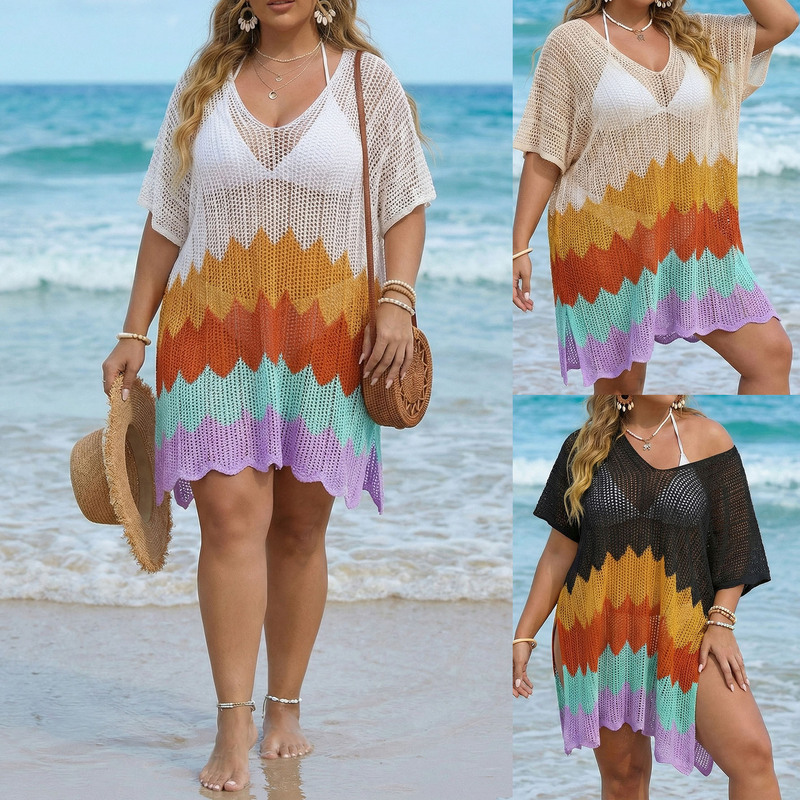 Vacation Cover-Up European and American Plus-Size Women's Clothing with Color-Blocking and Wave-Pattern Woven Fabric, Sexy Hollow-Out Beach Dress for Women Vacation Cover-Up European and American Plus-Size Women's Clothing with Color-Blocking and Wave-Pattern Woven Fabric, Sexy Hollow-Out Beach Dress for Women