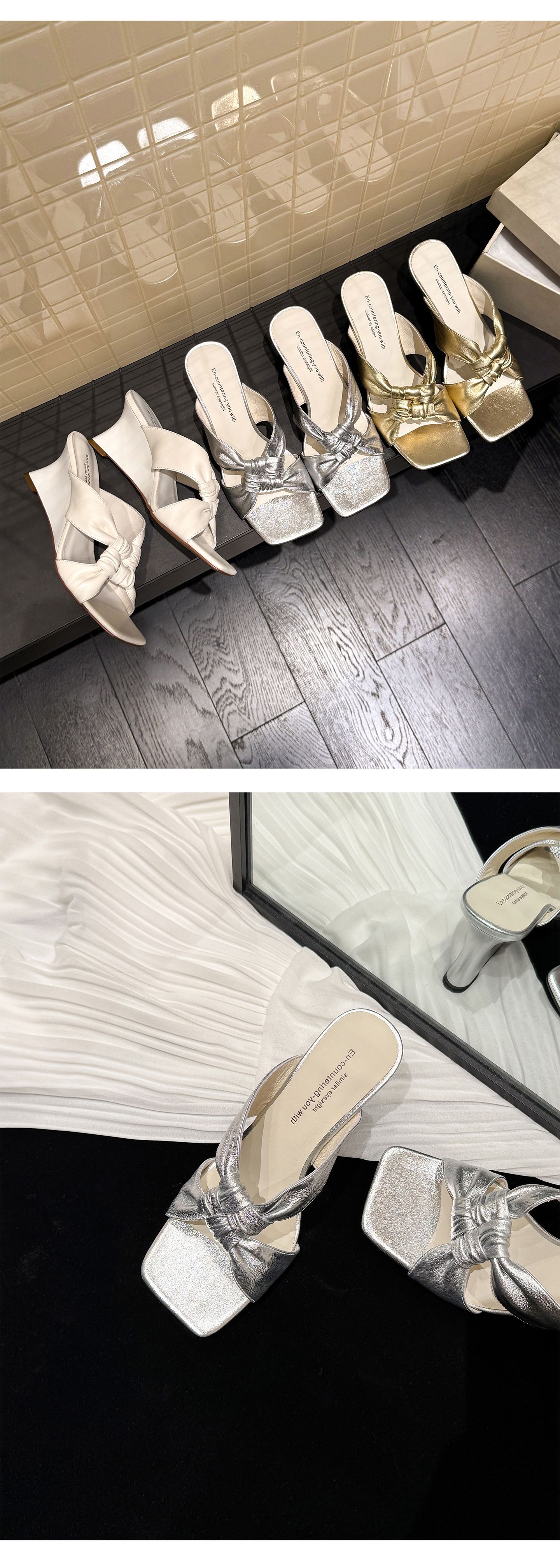 Sandal cao gót nữ mũi vuông hở ngón đế xuồng quai chéo — màu vàng, màu trắng ngà, bạc chi tiết 11