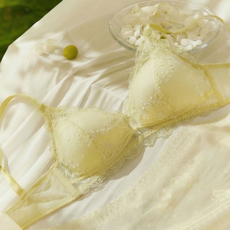 Summer Thin French Lace Underwear Women's Small Chest Push-up No Steel Ring Comfortable Breathable Triangle Cup Bra Not Empty Cup